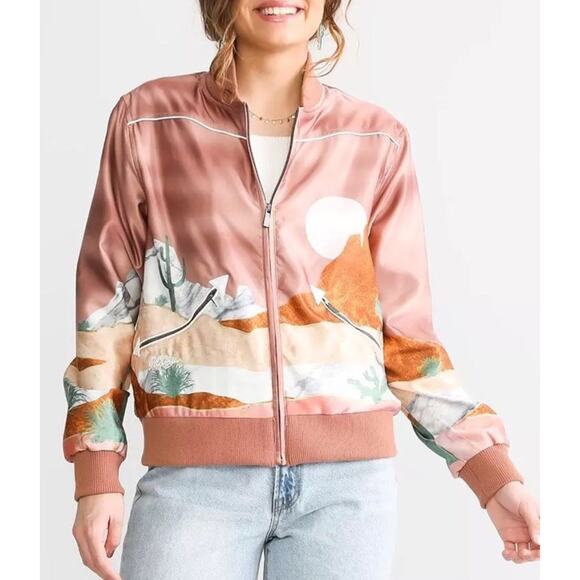 Hooey Satin Bomber Jacket XL Women’s Pink Desert Western Landscape Print Zip Up - Picture 3 of 12
